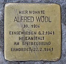 Stolperstein for Alfred Wodl, who died at the clinic Stolperstein fur Alfred Wodl.JPG