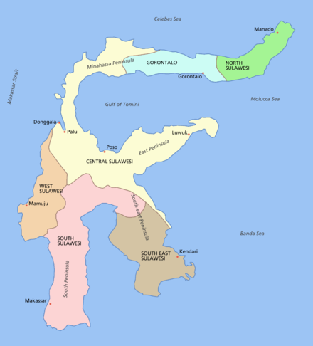 Map of the six provinces constituting the island of Sulawesi. Of the provinces, South Sulawesi (pink) and North Sulawesi (green) are cited as the major economic hubs on the island.