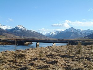 Svarfaðardalur-Skíðadalur, Árgerði Bridge in the front, the glacier Gljúfurárjökull in the back.