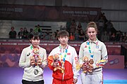 Deutsch: Tischtennis bei den Olympischen Jugend-Sommerspielen 2018: Tag 4, 10. Oktober 2018, Mädchen-Einzel, Siegerehrung - Gold: Yingsha Sun (CHN), Silber: Miu Hirano (JPN), Bronze:Andreea Dragoman (ROU)); Medaillen überreicht durch IOC-Mitglied Ching-kuo Wu (TPE), Maskottchen überreicht durch ITTF-Vize-Präsident Masahiro Maehara (JPN) English: Fencing at the 2018 Summer Youth Olympics at 10 October 2018 – Girls' single medail ceremony – Gold: Yingsha Sun (CHN), Silber: Miu Hirano (JPN), Bronze:Andreea Dragoman (ROU)); Medal presenter: IOC member Ching-kuo Wu (TPE), Mascot presenter: Vice-President Executive of the ITTF Masahiro Maehara (JPN)