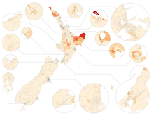 Új-Zéland térképe, amelyen az egyes népszámlálási területegységekben a maori nyelvű emberek százalékos aránya látható. Az Északi-sziget területein a legmagasabb a maori nyelvtudás.