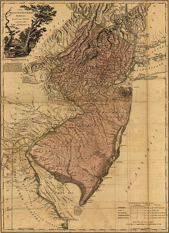 The Province of New Jersey, Divided into East and West, commonly called The Jerseys,1777 map by William Faden
