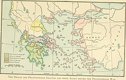 Vanha kartta kreikkalaisten kaupunkien liittokunnista peloponnesolaissodan alussa vuonna 431 eaa. Peloponnesolaisliiton alue vihreällä.