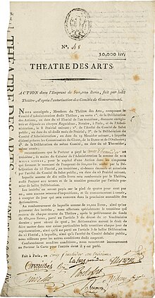 Aktie über 10.000 Livres des Théatre des Arts, einer Vorgängergesellschaft der Académie royale (heute die Pariser Oper), ausgegeben am cinq fructidor an troisieme (22. August 1795). Das Kapital der Gesellschaft in Höhe von 500.000 Livres war eingeteilt in 50 Aktien.