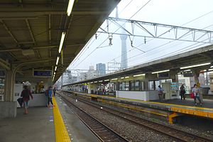 Station platform and Tokyo Skytree, 2015