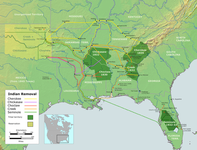 A map of the process of Indian Removal, 1830–1838. Oklahoma is depicted in light yellow-green.