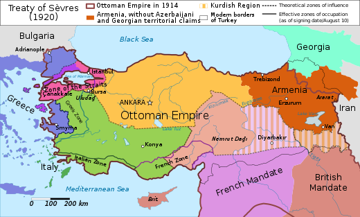 Borders of Turkey according to the Treaty of Sèvres (1920) which was annulled and replaced by the Treaty of Lausanne in 1923