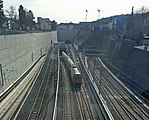 Tunnels bei Oerlikon: Wipkingertunnel (Mitte), Weinbergtunnel mit Zug (links), Käferbergtunnel (rechts), 2015