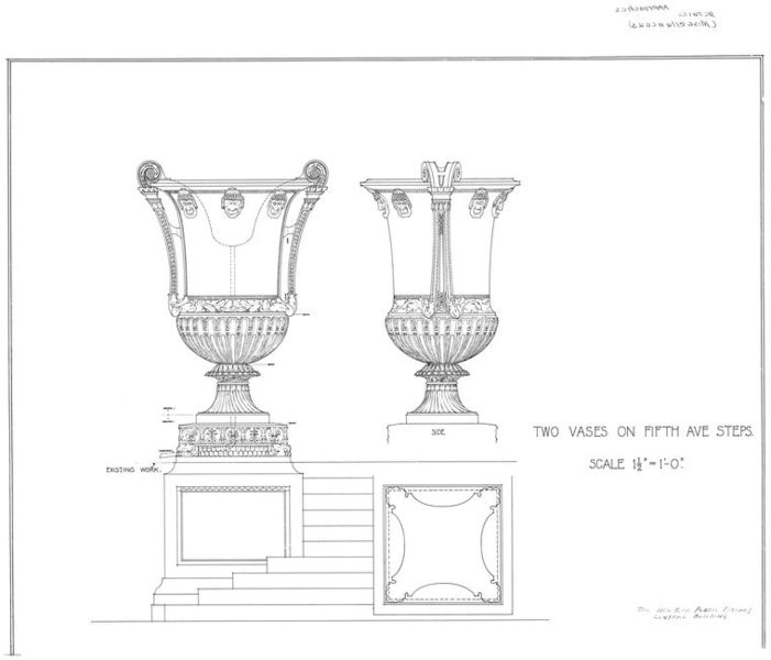 File:Two vases on Fifth Avenue steps New York Public Library architectural plans.jpeg