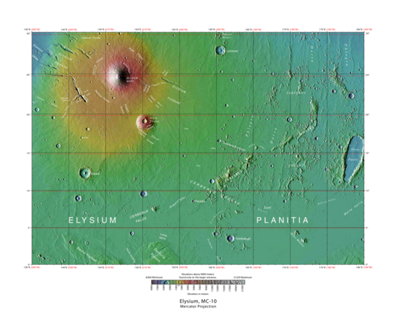 Az Elysium négyszög a MOLA térképen, az Elysium Planitia a kép alján található