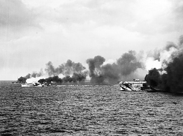 USS Gambier Bay (CVE-73) and escorts at the Battle off Samar in October 1944.