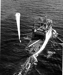 Skyhook balloon leaving the deck of the USS Norton Sound (AVM-1) on March 31, 1949.