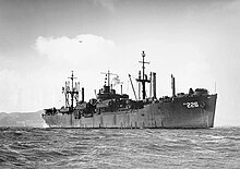 USS Rawlins (APA-226) underway in San Francisco Bay, California (USA), circa in late 1945 (NH 98744).jpeg