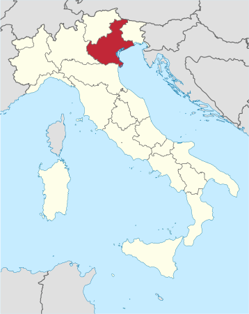 Map of Italy and its districts, with the district of Veneto highlighted in red.