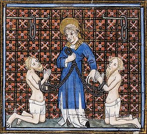 Saint Léonard entre deux prisonniers Vincent de Beauvais, Speculum historiale (vers 1370-1380) BnF Ms. NAF 15944