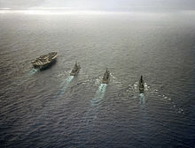 Mississippi and Texas (second and third from left) underway with the aircraft carrier Nimitz and cruiser Biddle in the Mediterranean Sea, August 1981 Virginia-class-cruiser in task-group.jpg