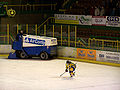 Jiří Osina of HC ZUBR Přerov warms up as ice resurfacer cleans the ice before the 2nd National Hockey League's 4th play-off game