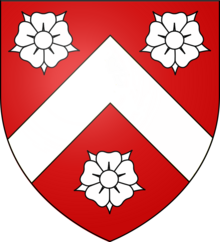 Arms of Wadham: Gules, a chevron between three roses argent WadhamArms.png