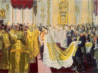 The wedding of Tsar Nicholas II of Russia. Wedding of Nicholas II and Alexandra Feodorovna by Laurits Tuxen (1895, Hermitage).jpg