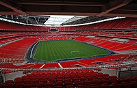Wembley Stadium, home of the England football team, has a seating capacity of 90,000. It is the UK's biggest stadium.[169]