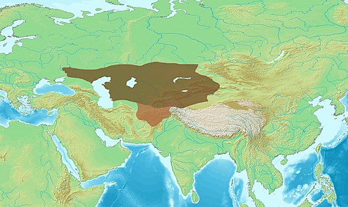Greatest extent of the Western Turkic Khaganate after the Battle of Bukhara (brown), and their southern expansion as the Tokhara Yabghus and Turk Shahis (ochre)