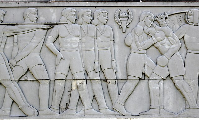 Detail of Athletics frieze on the stadium, completed in 1942 by Sargent Johnson