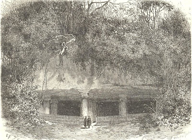 File:"The Lion Cave, Elephanta," from 'Le Tour du Monde' 1863; also *an exterior view of the main cave.jpg