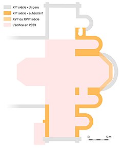 Plan très simplifié distinguant parties disparues, parties d'origine et abside transformée. L'ensemble se superpose à un plan de l'édifice actuel.