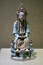 Misty Blue Sitting Statue of Guanyin, Jingde Kiln. Southern Song Dynasty. Collected in Changzhou Museum.