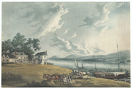 The ferry and inn at New Passage in 1810, with cattle being unloaded.