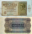 100 Bio. Mark (100.000.000.000.000 Mark) 15. Februar 1924 – (Wert 100 Rentenmark – Wechselkurs 15. November 1923)