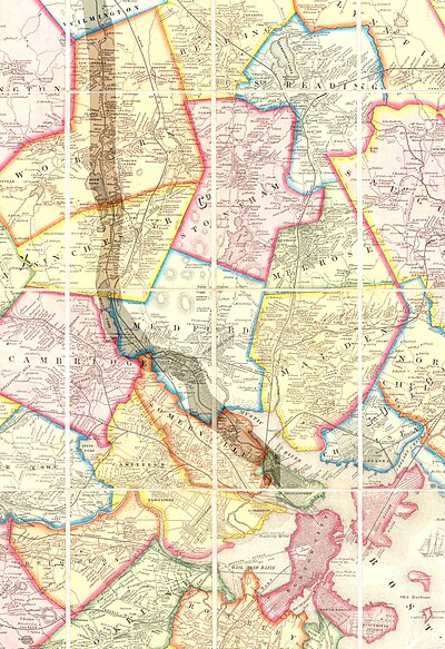 1852 Map of Boston area showing Woburn and the Middlesex Canal