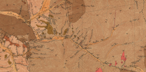 1907 Geologic map of Murray, including the locations of the Golden Chest, Bear Top and Paragon mines 1907MurrayIdaho geologicmap.png