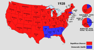 In the 1928 presidential election, Al Smith carried the Deep South, but lost all the other Southern states except Arkansas. 1928 Electoral Map.png