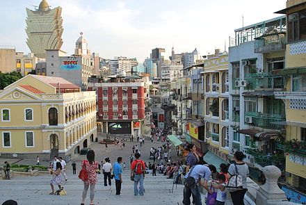 Macanese street scene, the huge tower to the left is the Grand Lisboa
