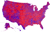 Eredmények aránya megyékre lebontva. A piros szín Donald Trumpot, a kék Hillary Clintont jelzi