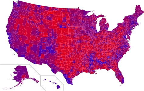 Results by county, shaded according to winning candidate's percentage of the vote (Red-Purple-Blue view)