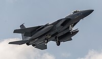 A US Air Force F-15C Eagle, tail number 85-0120, on final approach at Kadena Air Base in Okinawa, Japan. It is assigned to the 44th Fighter Squadron at Kadena AB.