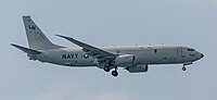 A Boeing P-8 Poseidon, tail number 168761, on final approach at Kadena Air Base in Okinawa, Japan. It is assigned to Patrol Squadron 45 (VP-45) at NAS Jacksonville, Florida, United States.