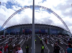 Wembley Stadium on the day of the 2023 Men's Challenge Cup Final, where Hull Kingston Rovers played against Leigh Leopards.
