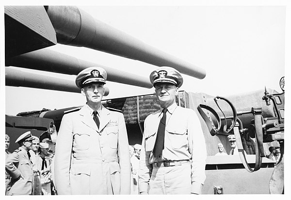 Captain Carl F. Holden (right) with Rear Admiral Donald B. Beary during inspection of New Jersey