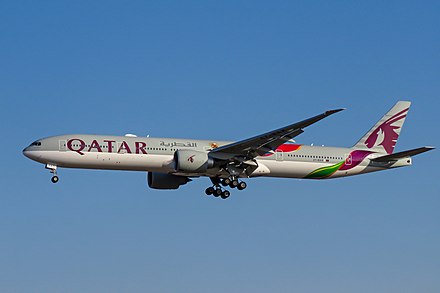 A Qatar Airways Boeing 777-300ER in 2022 FIFA World Cup special livery.