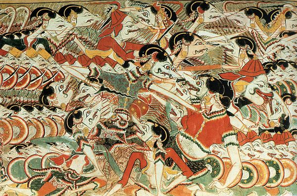 Final fight in alun-alun in Kediri, East Java. Tawang Alun kills Klana. Indonesia 17th century