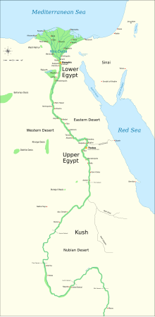 Karta över Egypten centrerad på Nildalen, med de gamla antika bosättningarna markerade.