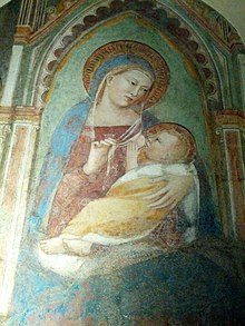 Andrea di Bonaiuto, Madonna in trono con il Bambino, con Sant'Apollonia e frammenti di altra santa (dettaglio), Firenze, Tabernacolo di Via delle Ruote - Via San Gallo