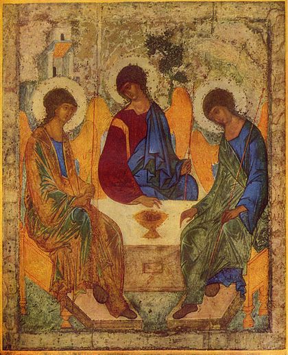 "Hospitality of Abraham", icon by Andrei Rublev; the three angels represent the Godhead according to Trinitarian Christians.