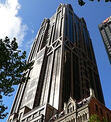 ANZ's 1993 World Headquarters Tudor gothic inspired tower was designed to assimilate the cluster of 19th century gothic revival buildings below Anz world headquarters queen street melbourne.jpg