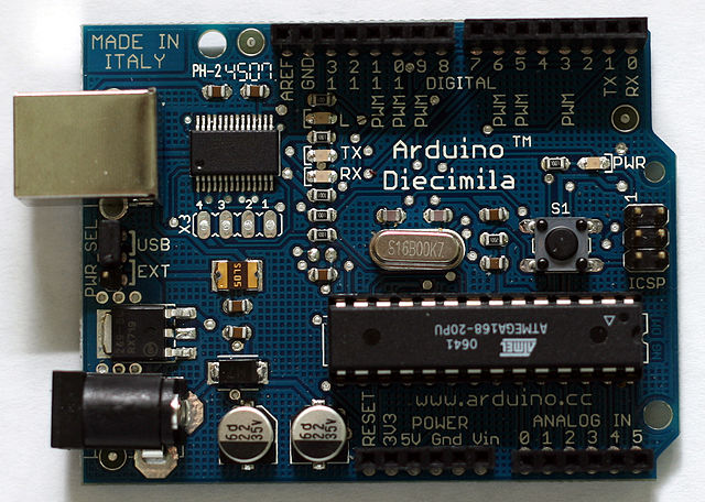 The Arduino Diecimila, another popular and early open source hardware design