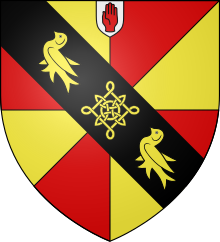 Arms of Lacy baronets: Gyronny or and gules, on a bend sable a Lacy knot between two martlets of the first Arms of Lacy baronets.svg