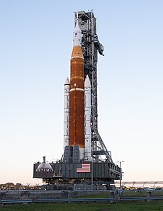 The Space Launch System to be used on Artemis 1 being rolled out to Launch Pad 39B
